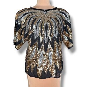Vintage 80s Iris Sequin Beaded Top Black Gold Silver Art Deco Evening Blouse